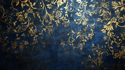 Gold foil baroque floral damask on textured navy background