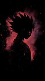 Silhouetted spiky-haired figure in red nebula-like cloud.