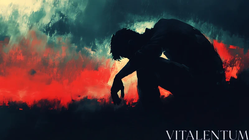 Silhouette kneels as stormy crimson horizon quietly burns