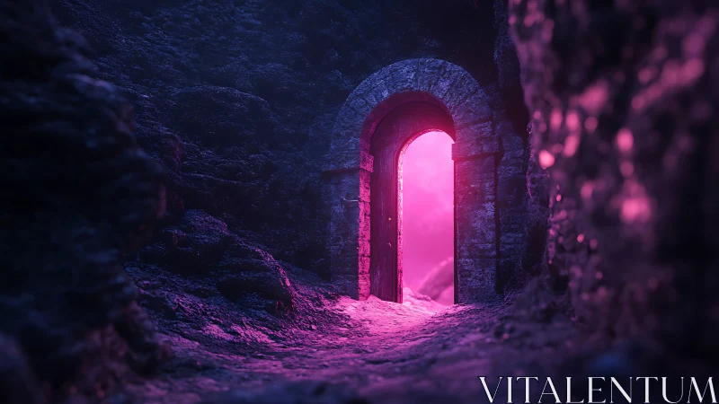 Stone doorway in rocky cavern with saturated pink light portal.
