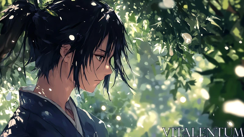 Quiet anime profile under soft dappled forest light.