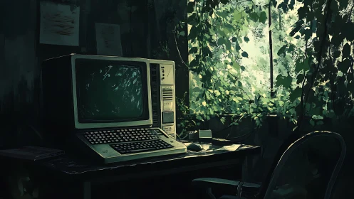 Vintage computer workstation stands beside overgrown window
