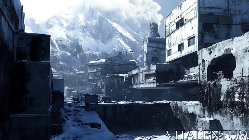 Snow-covered industrial ruins extend beneath steep mountains