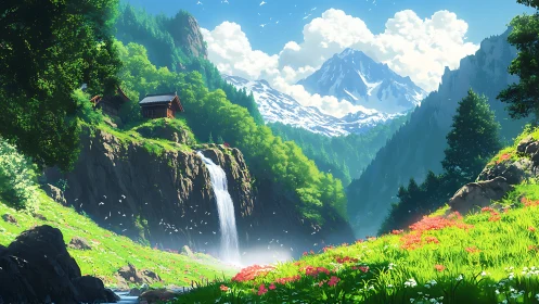 Mountain valley with waterfall, flowers, and hillside cabins.