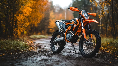 Orange enduro motorcycle stands on muddy autumn forest trail.