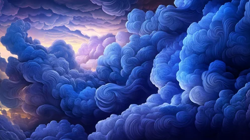 Swirling indigo cloudscape under radiant pastel horizon.