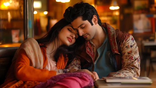 Intimate Evening: Couple Shares Tender Moment in Warmly Lit Urban Setting