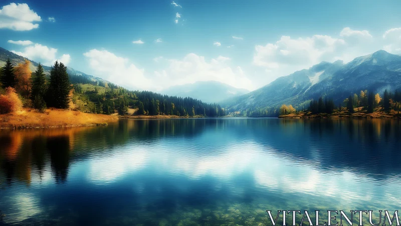 Sunlit alpine lake reflects serene mountains and autumn pines