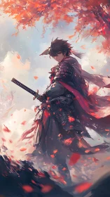 Fox-eared samurai stands beneath blazing autumn canopy.