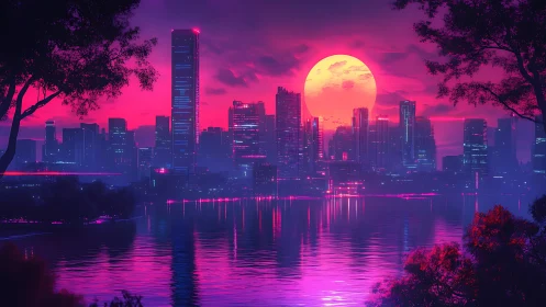 Neon sunset city dreaming beside a calm shimmering river.