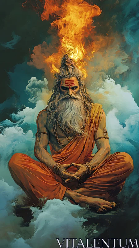 Meditating sage with fiery aura amid swirling clouds.
