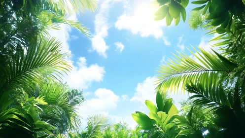 Lush tropical canopy window framing radiant midday sky.