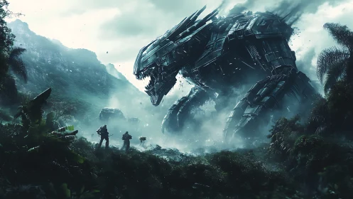 Colossal quadruped mech emerging from misty jungle valley