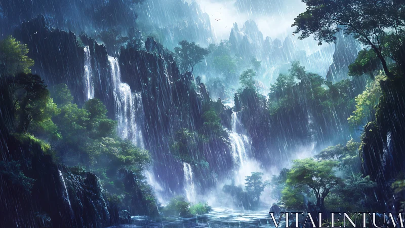 Storm-kissed jungle waterfalls in a misty emerald gorge.