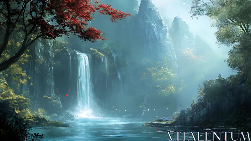 Misty forest waterfall with mountains and reflective pool.