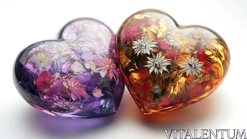 Twin resin hearts with encased floral specimens and iridescent light refraction