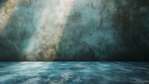 Textured blue interior wall meets worn concrete floor plane