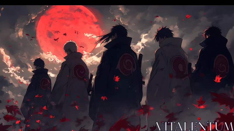Cloaked warriors stand beneath blood red moon amid leaves