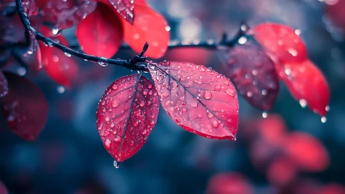 Crimson leaves with dewdrops in cool bokeh twilight focus.