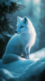 Arctic fox rests in luminous blue winter forest glow.