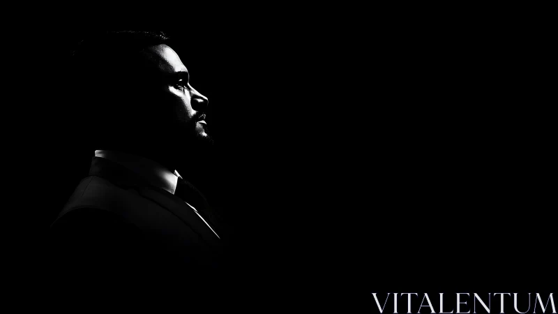 High-contrast profile portrait isolates a suited male subject