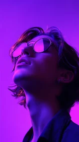 Neon daydream portrait in soft purple and pink glow.