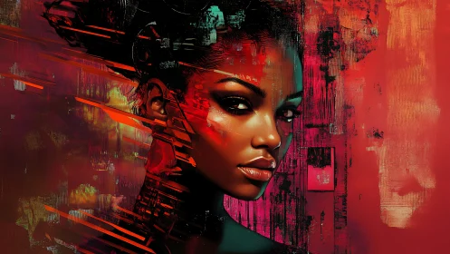Cybernetic portrait of woman amid fragmented crimson glitch fields