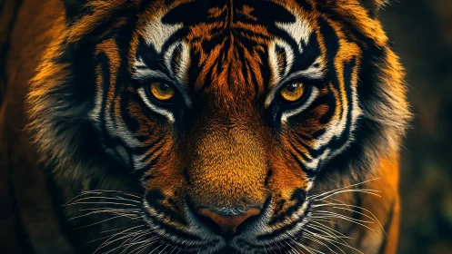 Hyperreal frontal tiger portrait with dramatic low-key lighting