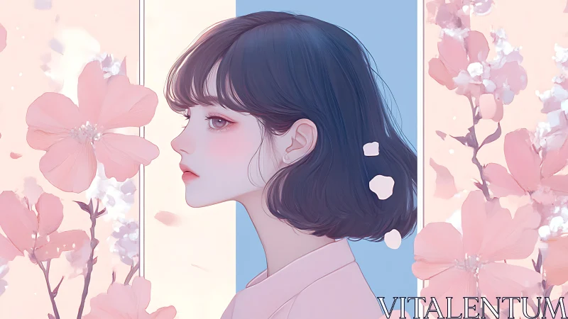 Pastel side-profile portrait with pink blossoms and blue field