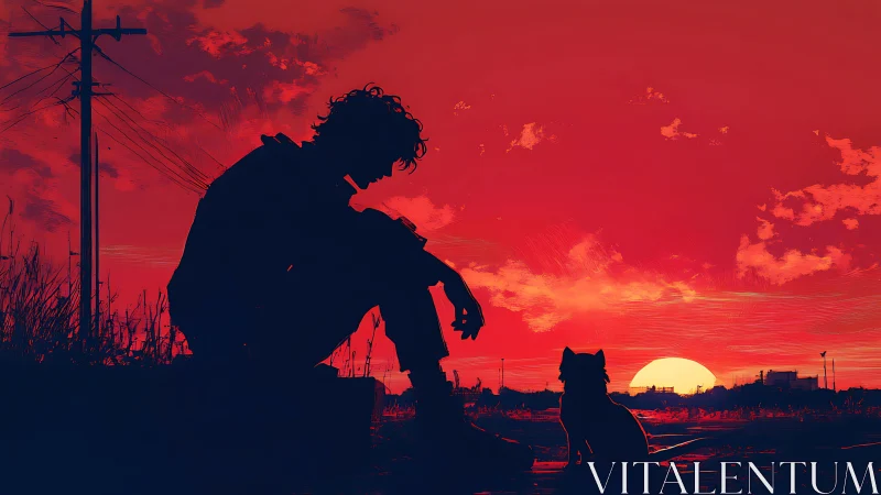 Human and cat silhouettes against vivid red sunset sky.