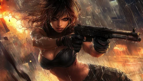 Armed female warrior aims shotgun amid cinematic urban downpour