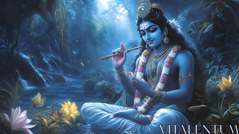 Divine blue figure plays flute in moonlit lotus forest.