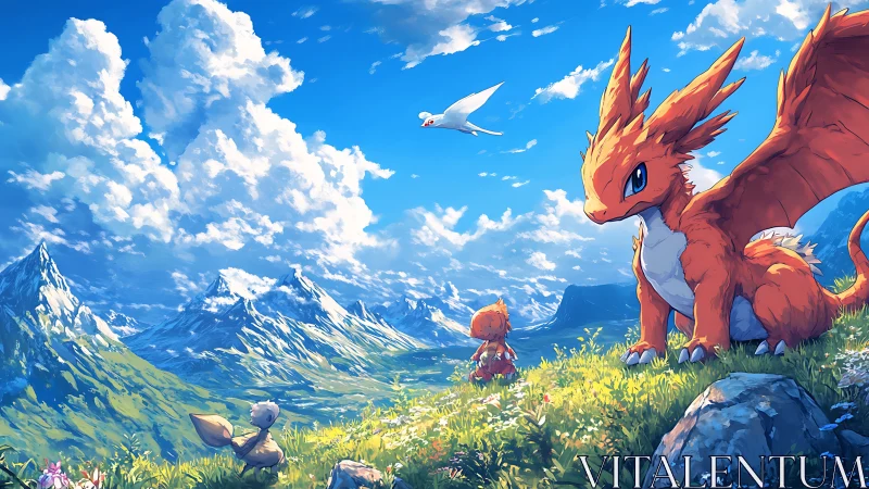 Gentle dragon friends rest on a bright mountain meadow