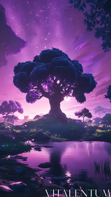 Starlit dreamtree drinks moonlight beside a violet stream