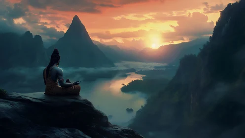 Meditating ascetic overlooks misty river valley at spectral dawn