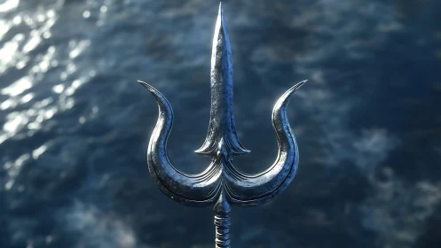 Highly polished trident head with curved side prongs over water