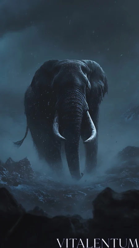 Elephant strides through stormy mist in dark rocky landscape