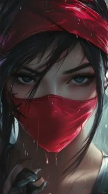 Masked warrior portrait under rain with vivid red cloth.
