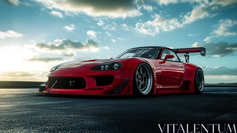 Widebody red sports car rendered on dramatic open highway.