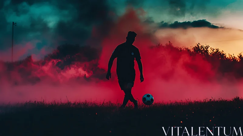 Silhouetted soccer player on field with dense colored smoke.