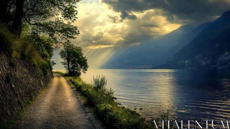 Golden light spills over a quiet lakeside mountain path