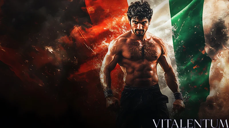 Stormborn fighter ignites before blazing tricolor banner.