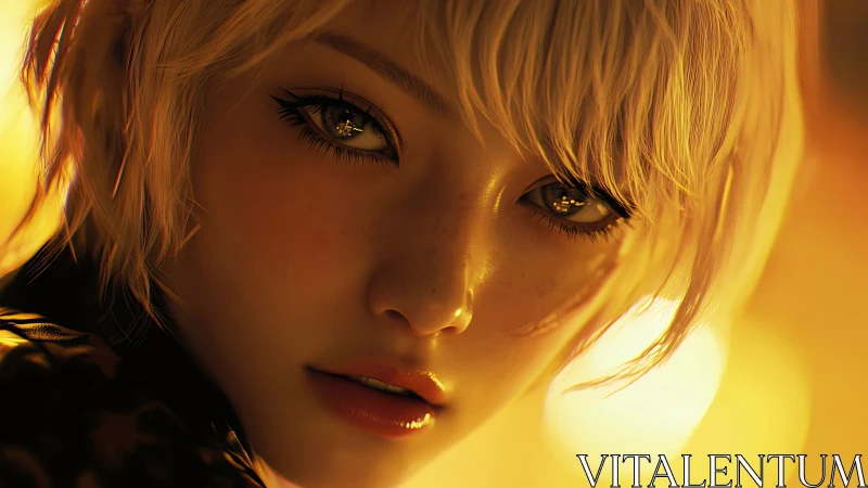 Close-up digital portrait of short-haired female face at dusk.