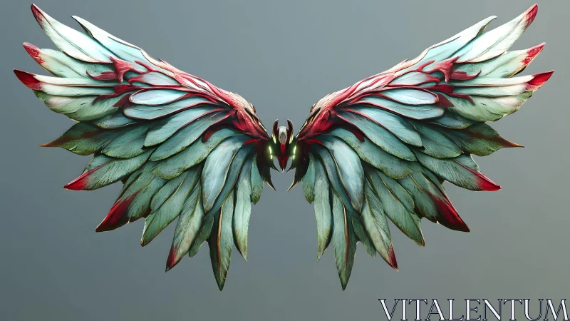 Fantasy Creature Metallic Wings with Iridescent Feathers, Digital Art.