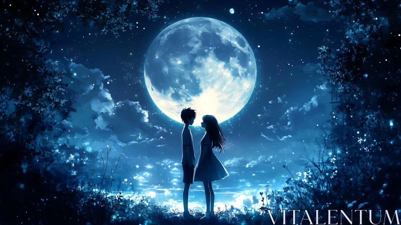 Backlit silhouettes of anime couple under oversized luminous moon