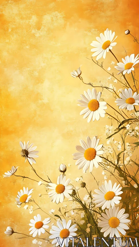 White daisies with golden centers against warm ochre textured background.