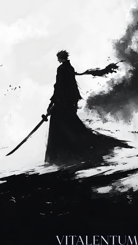 Solitary swordsman in monochrome abstract windswept void.