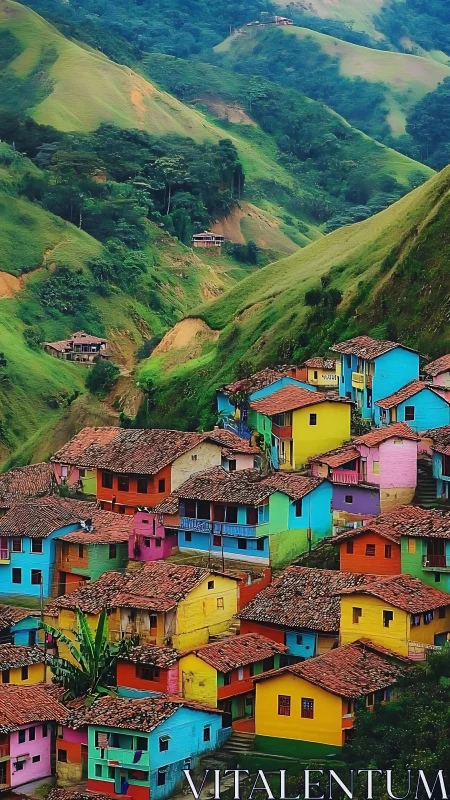 Hillside rainbow village leans into lush emerald Colombian slopes