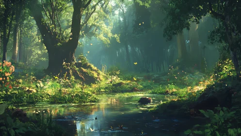 Enchanted Forest Stream Where Light Dances Through Ancient Trees.