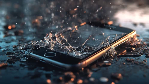 Shimmering raindrops exploding across a wet smartphone surface.